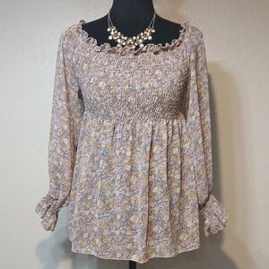 She + Sky Beige Floral Smocked Peasant Top with Blue Details
